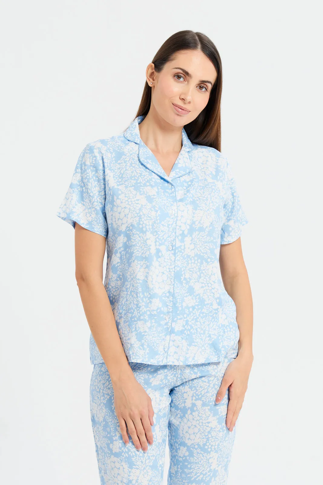 Women Blue Printed Classic Dobby Pyjama Set (2 Piece)