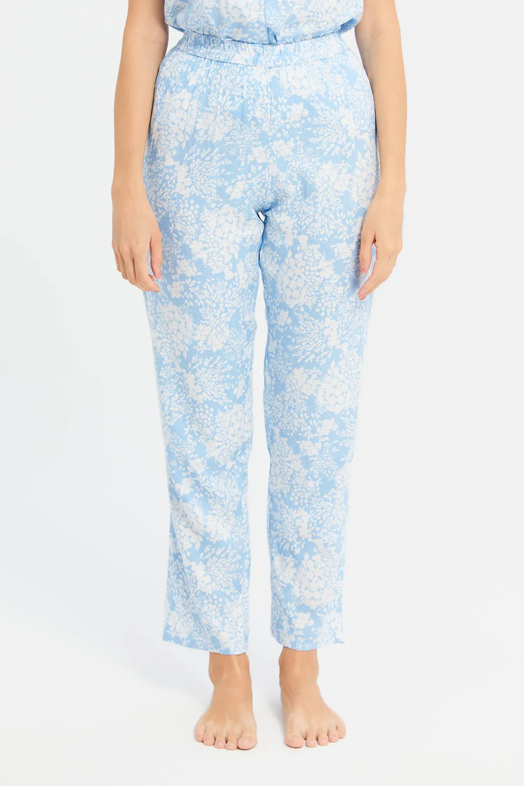 Women Blue Printed Classic Dobby Pyjama Set (2 Piece)