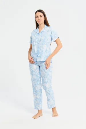 Women Blue Printed Classic Dobby Pyjama Set (2 Piece)