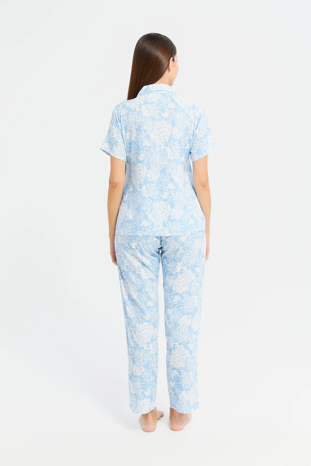 Women Blue Printed Classic Dobby Pyjama Set (2 Piece)