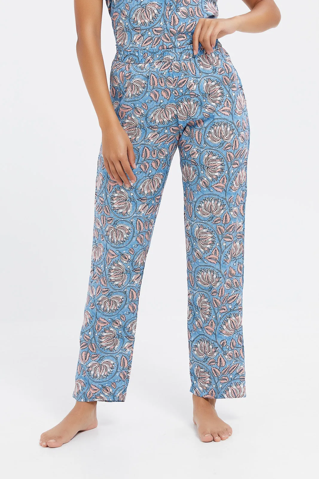 Women Blue Printed Pyjama Set (2 Piece)