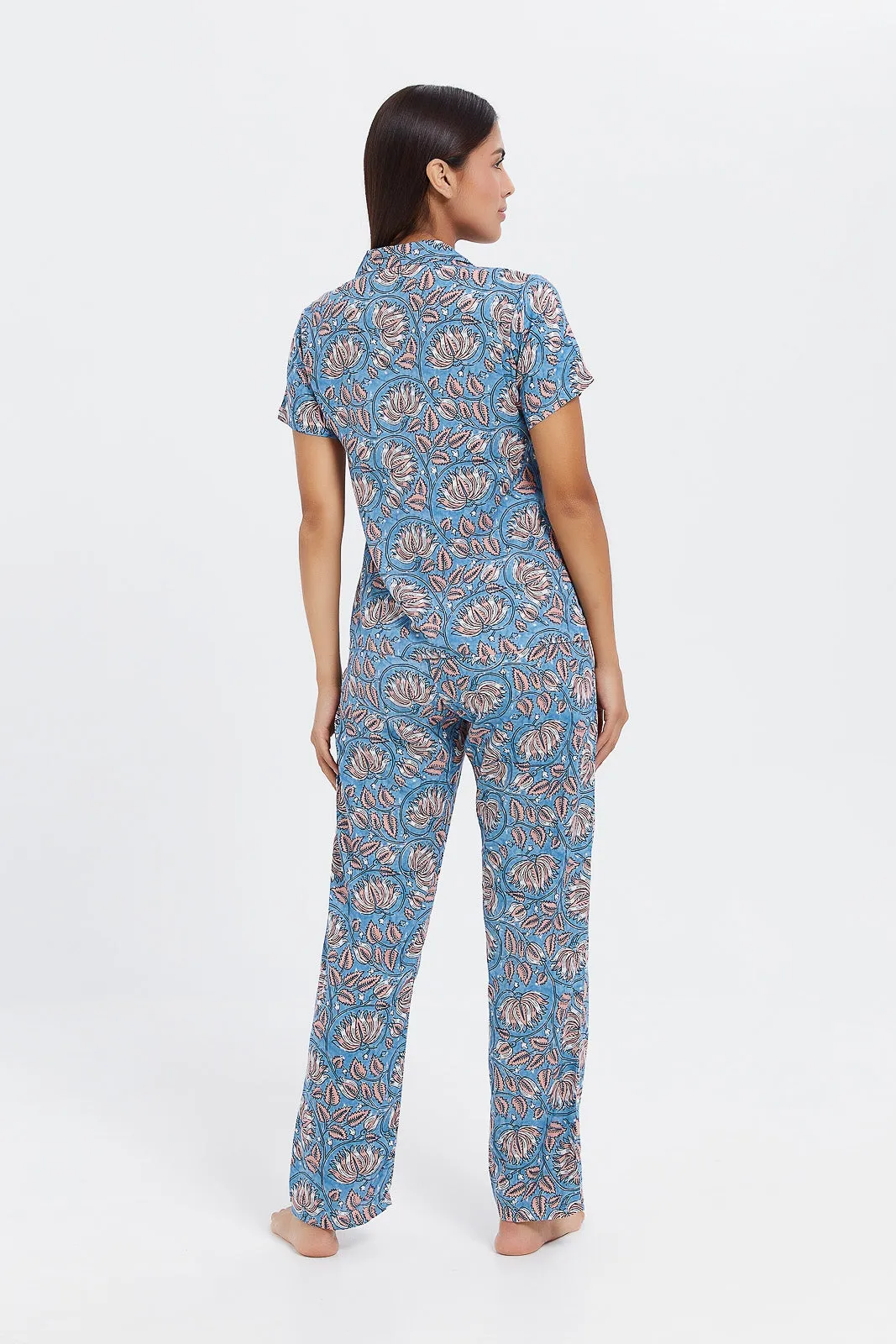 Women Blue Printed Pyjama Set (2 Piece)