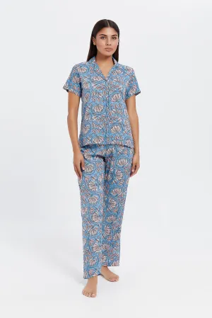 Women Blue Printed Pyjama Set (2 Piece)