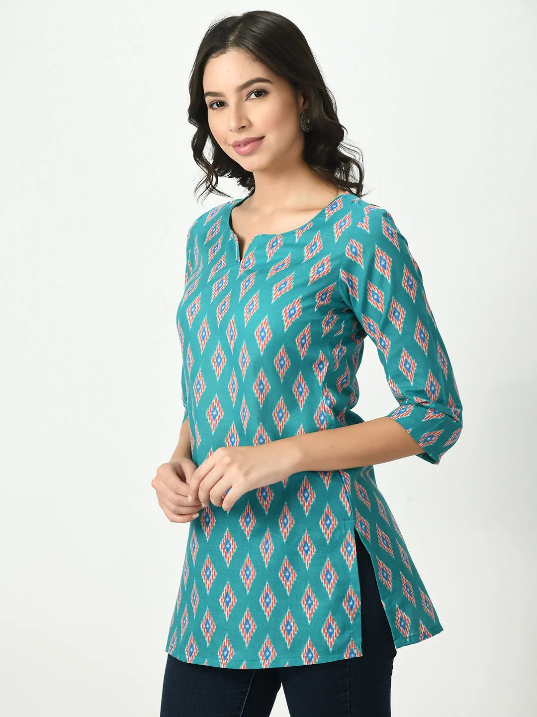 Women Blue Printed Short Kurti