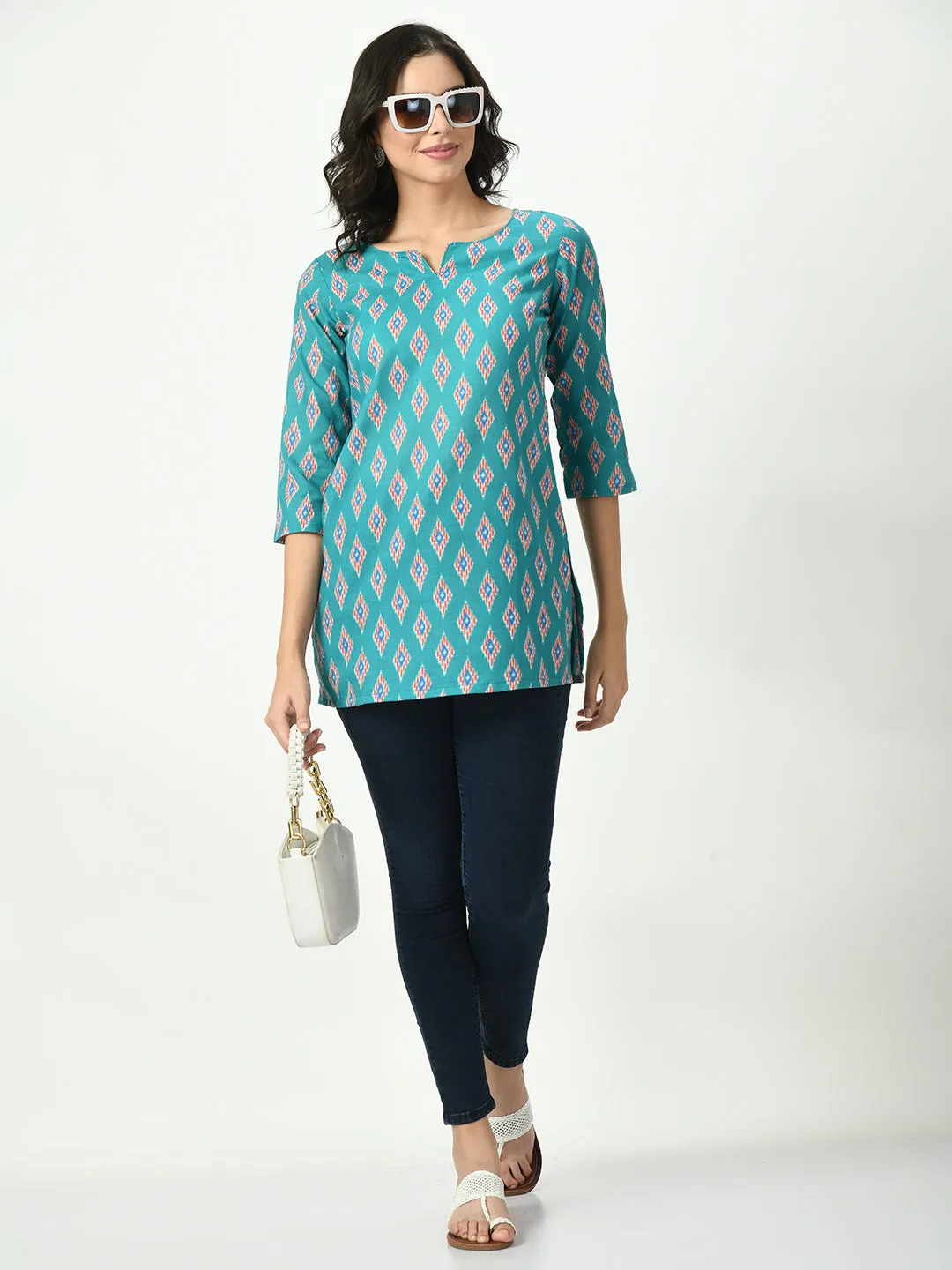 Women Blue Printed Short Kurti