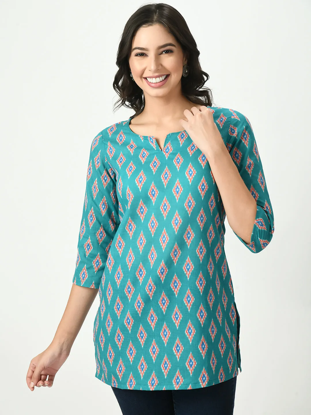 Women Blue Printed Short Kurti