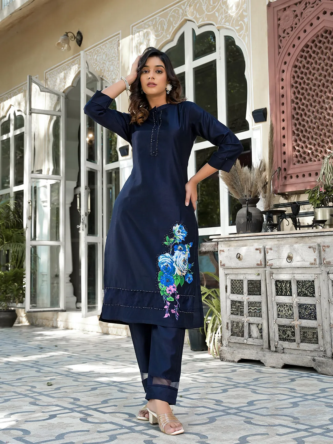 Women Blue Pure Silk Kurta Set