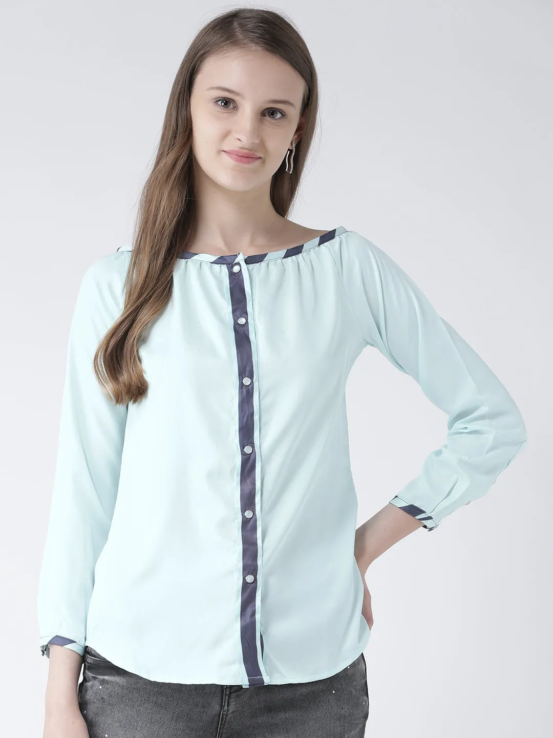 Women Blue Solid Polyester Top