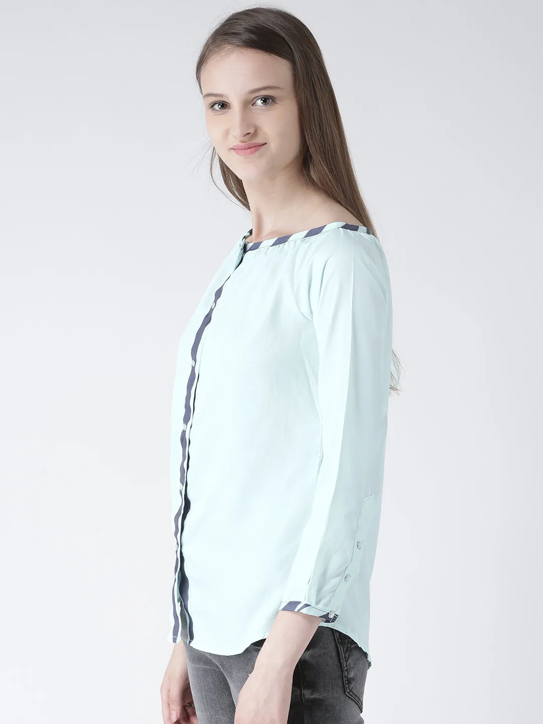 Women Blue Solid Polyester Top