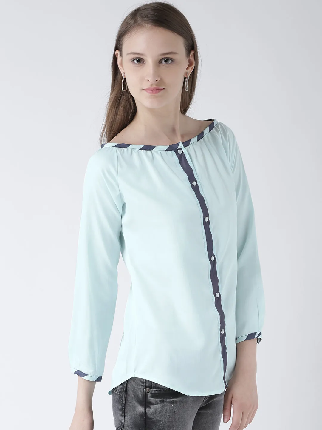 Women Blue Solid Polyester Top