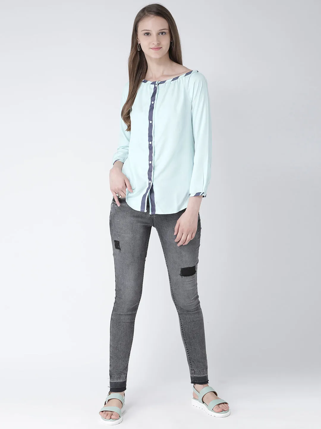 Women Blue Solid Polyester Top