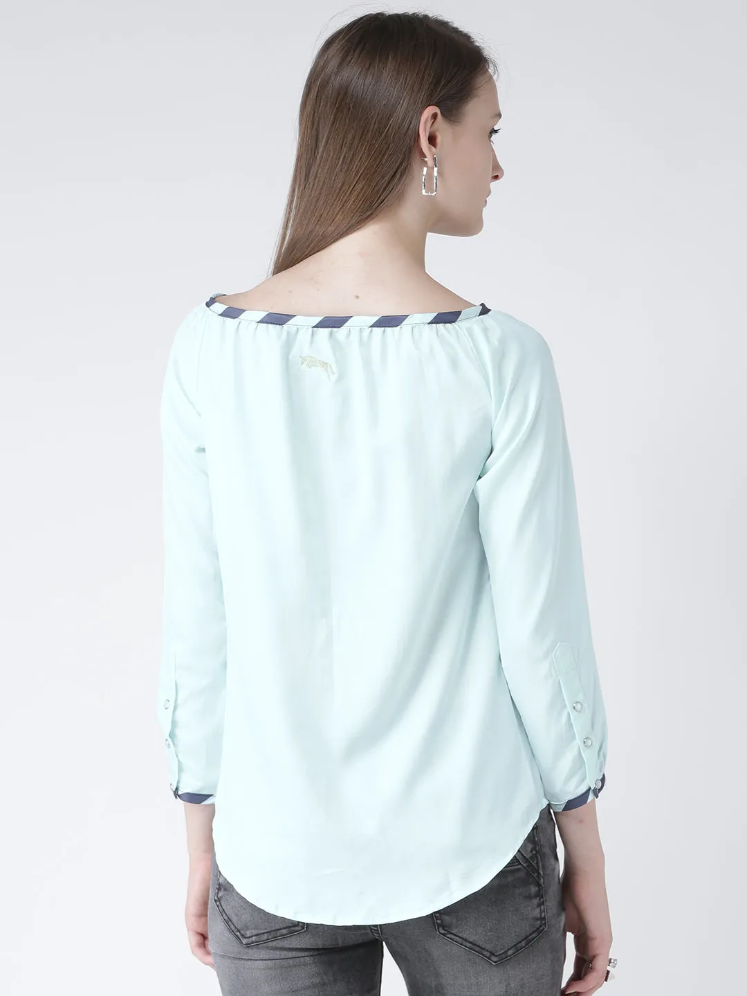 Women Blue Solid Polyester Top