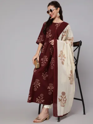 Women Brown Ethnic Printed Kurta With Palazzo And Dupatta