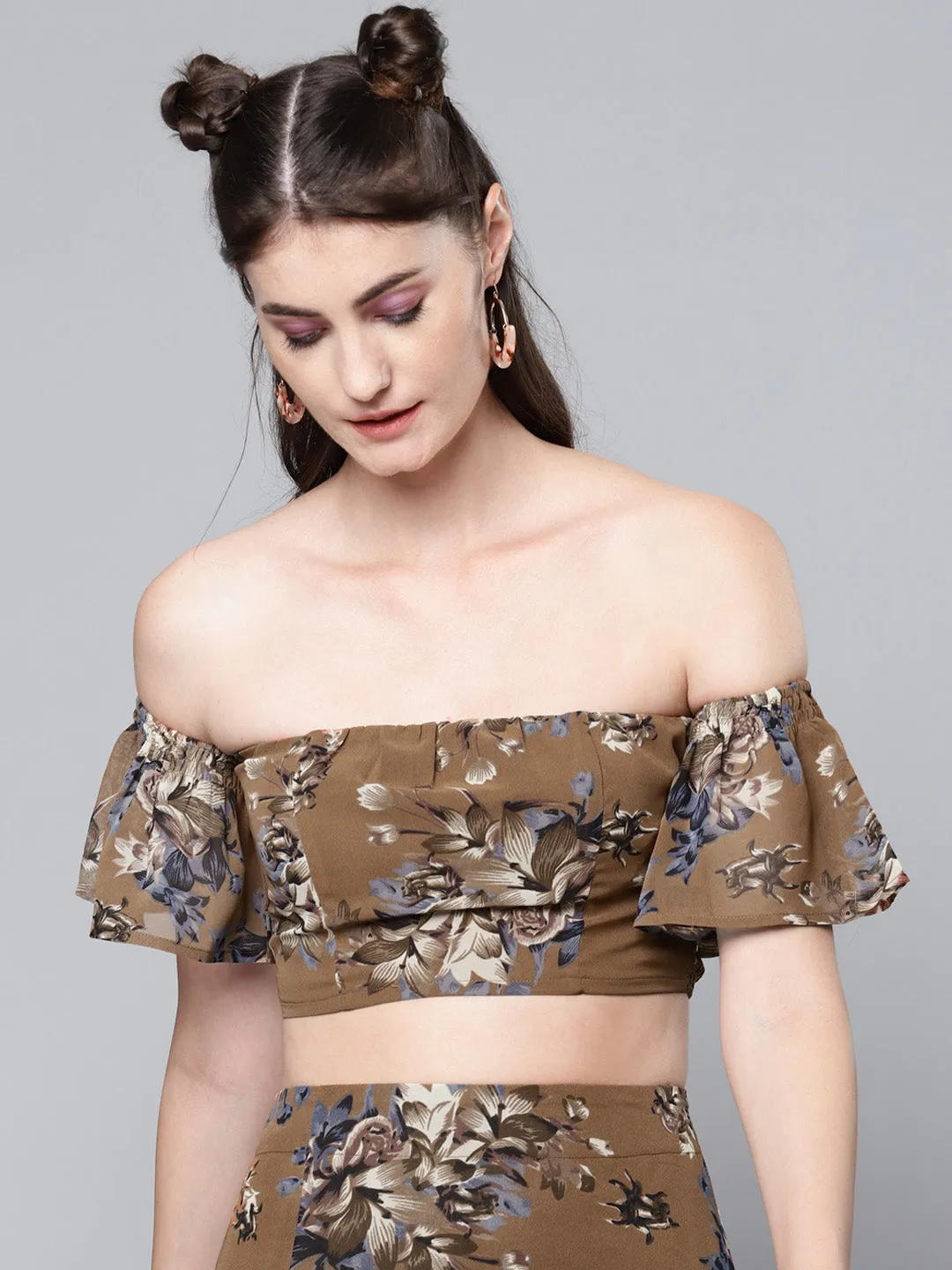 Women Brown Floral Bardot Crop Top