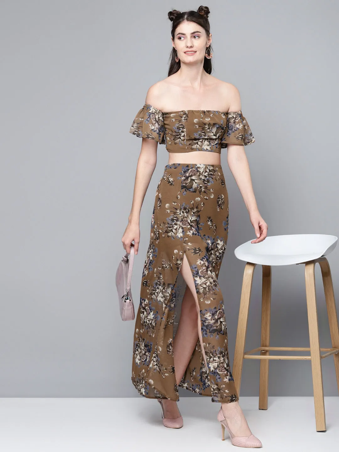 Women Brown Floral Bardot Crop Top