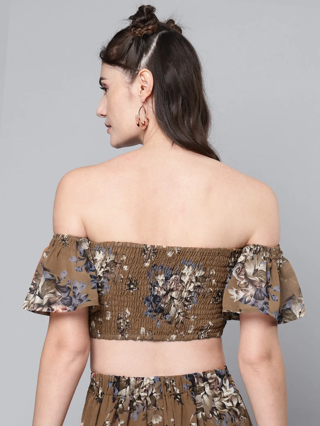 Women Brown Floral Bardot Crop Top