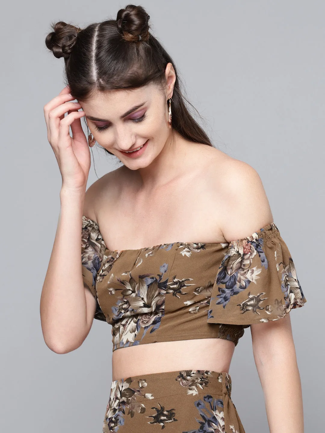 Women Brown Floral Bardot Crop Top