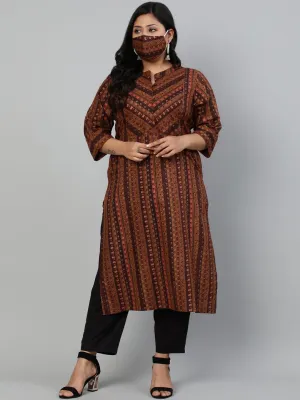 Women Brown Printed Kurta Withmandarin Collar & Three Quarters Sleeves