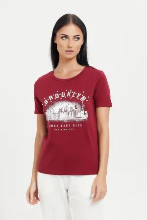 Women Burgundy Embellished T-Shirt