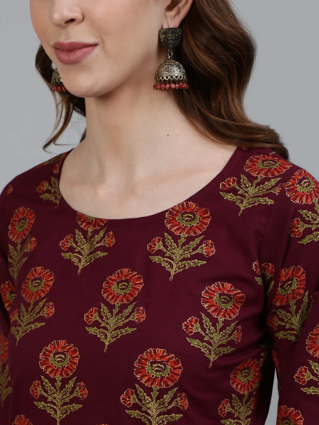 Women Burgundy Floral Printed Pure Cotton Kurta & Palazzos With Dupatta