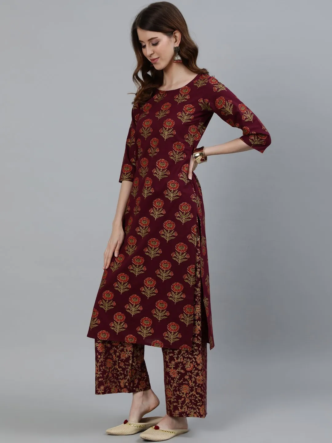 Women Burgundy Floral Printed Pure Cotton Kurta & Palazzos With Dupatta