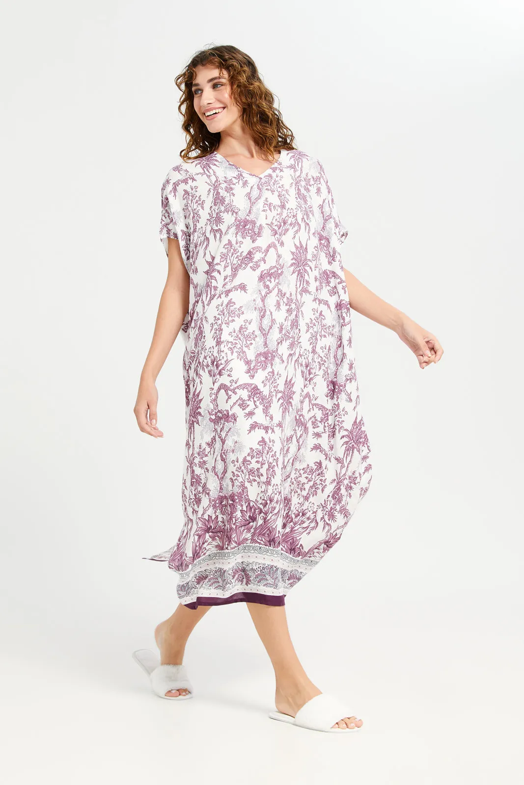 Women Burgundy Printed Kaftan Nightgown