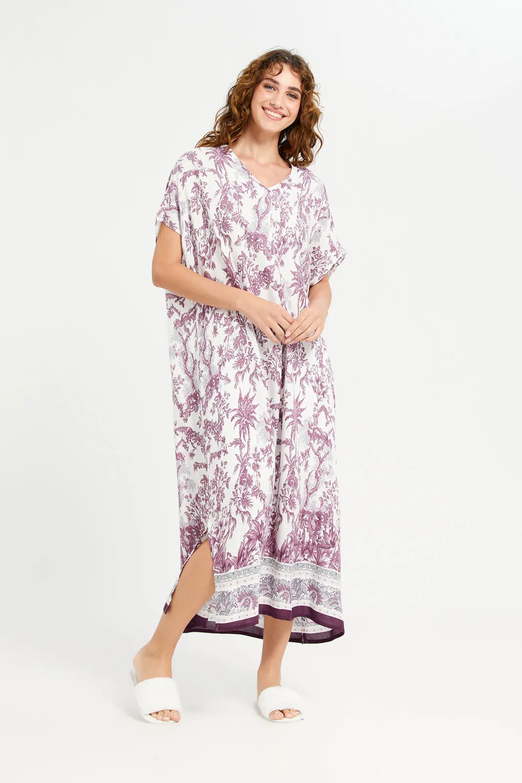 Women Burgundy Printed Kaftan Nightgown