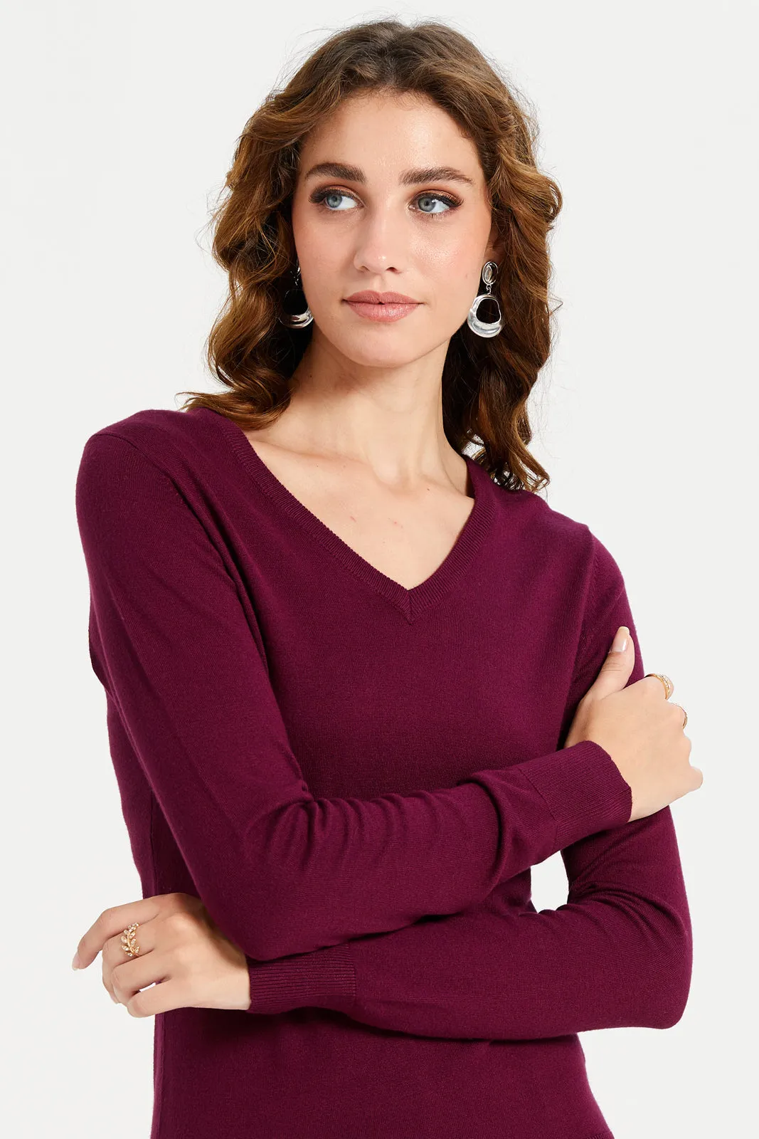 Women Burgundy V-Neck Pullover