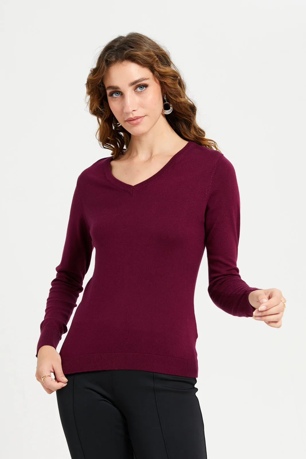 Women Burgundy V-Neck Pullover