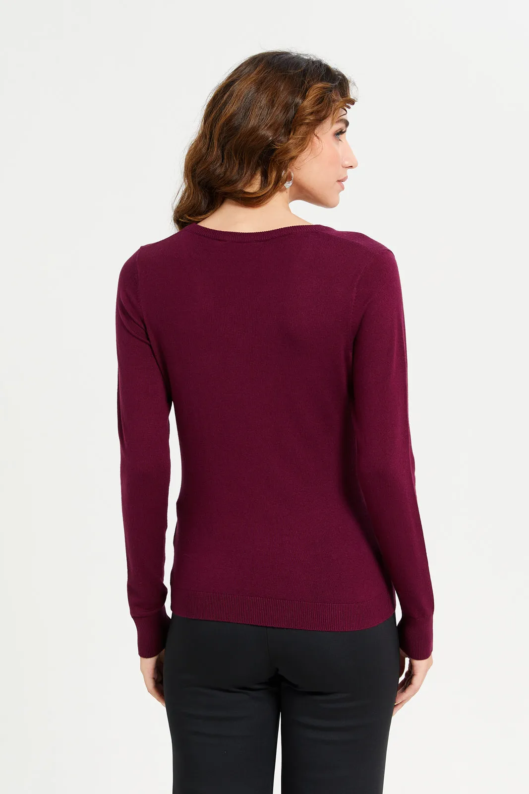 Women Burgundy V-Neck Pullover