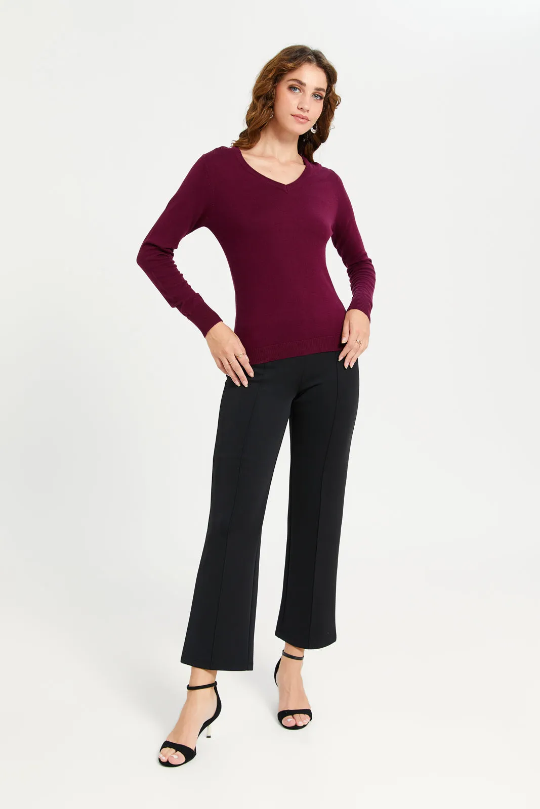 Women Burgundy V-Neck Pullover