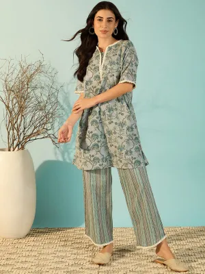 Women Chalk Blue Floral Patterned Cotton Co-Ord Set