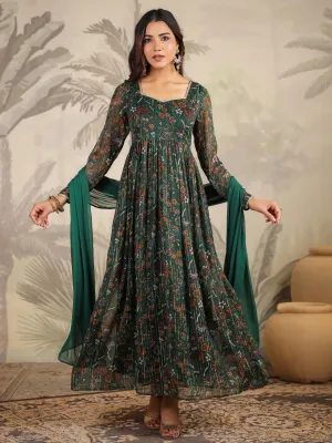 Women Chiffon Dark Green Kurta Set