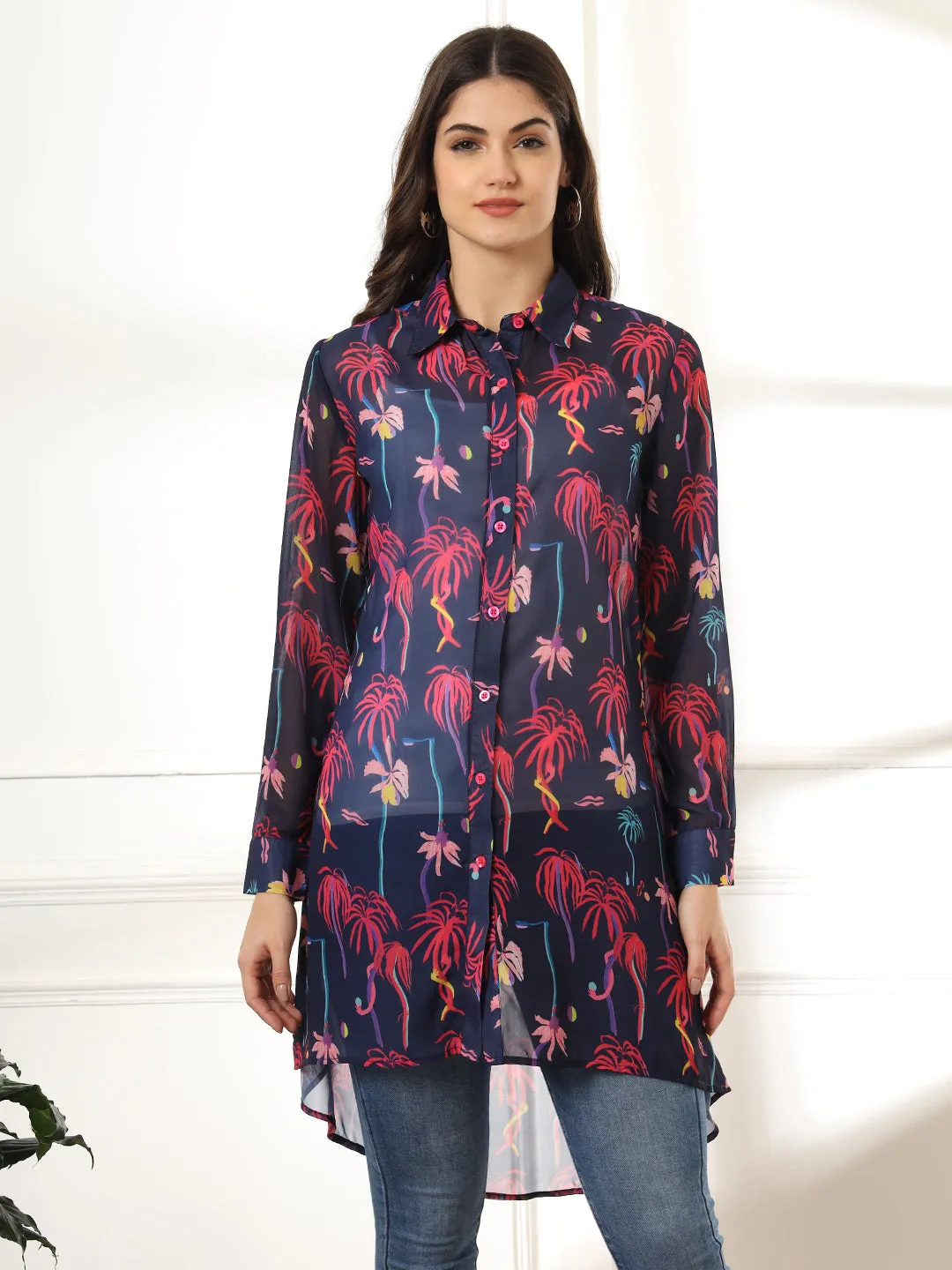 Women Classic Semi Sheer Printed Casual Shirt