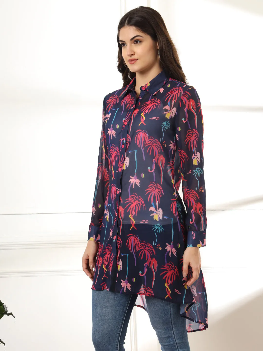 Women Classic Semi Sheer Printed Casual Shirt