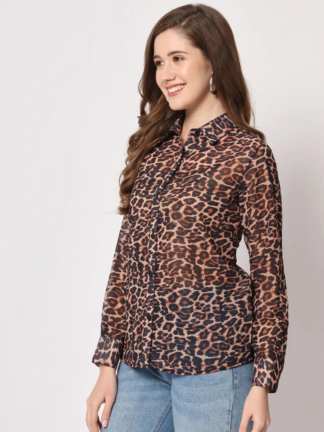 Women Classic Slim Fit Animal Printed Casual Shirt