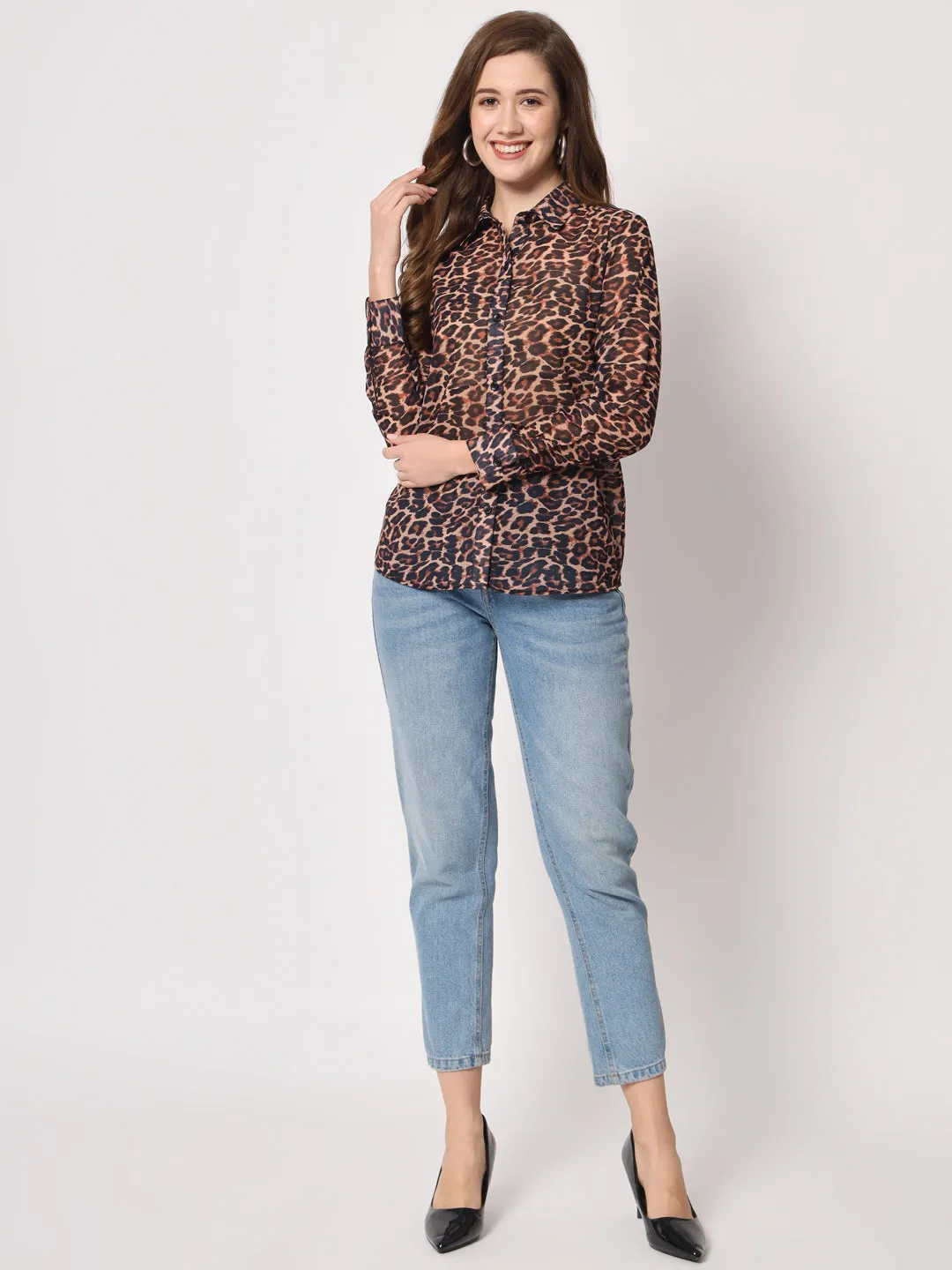 Women Classic Slim Fit Animal Printed Casual Shirt