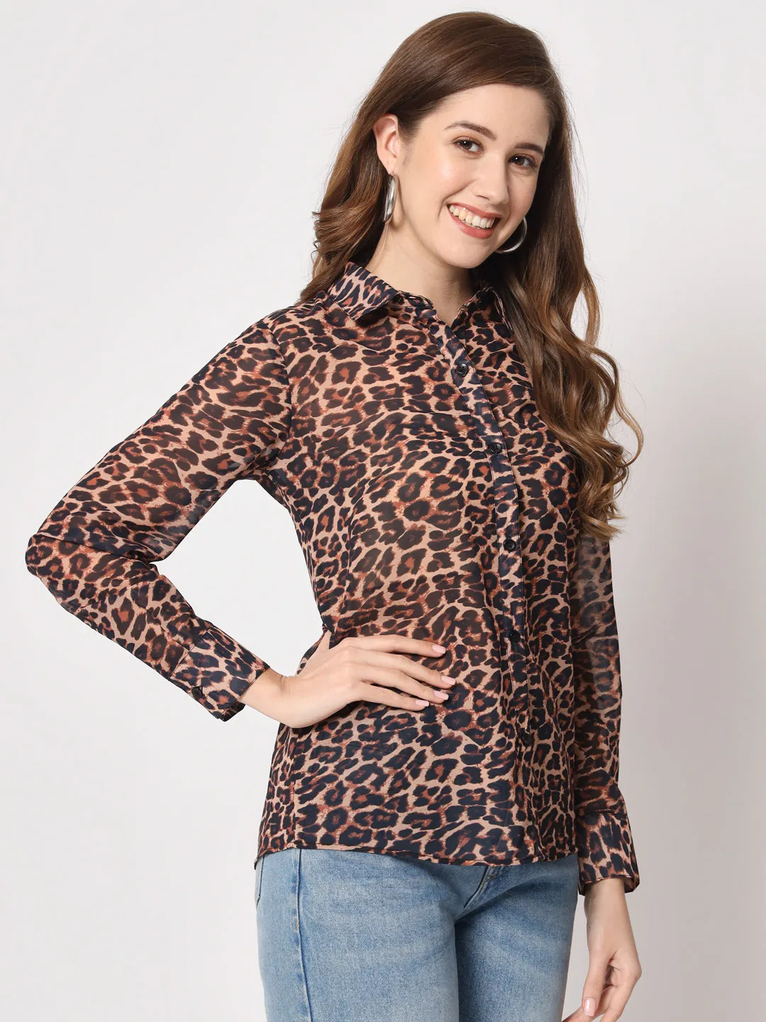 Women Classic Slim Fit Animal Printed Casual Shirt