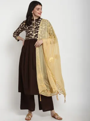 Women Coffee Brown Floral Print Kurta With Palazzos & Dupatta