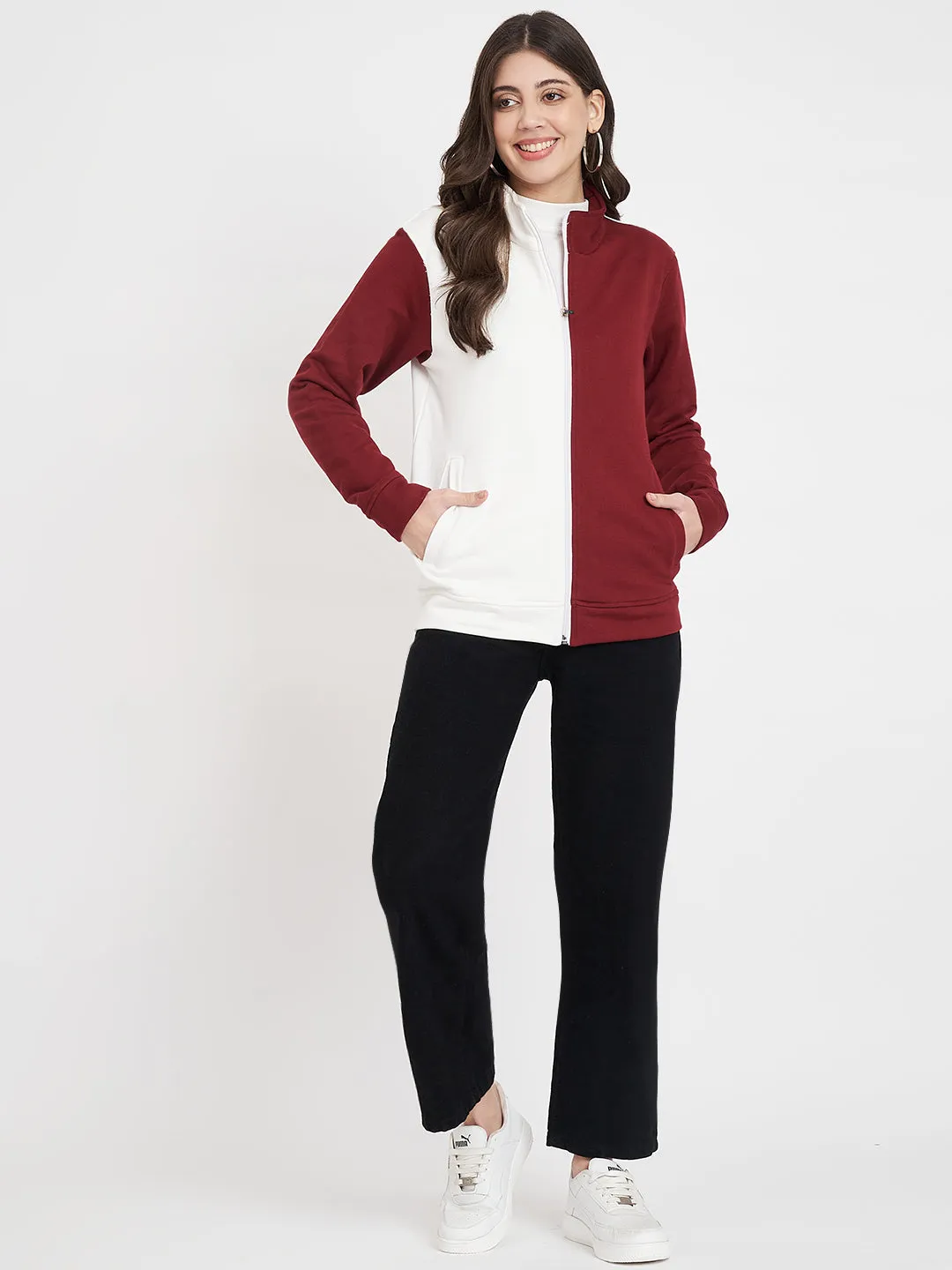 Women Colourblocked Mock Collar Maroon Bomber Jacket