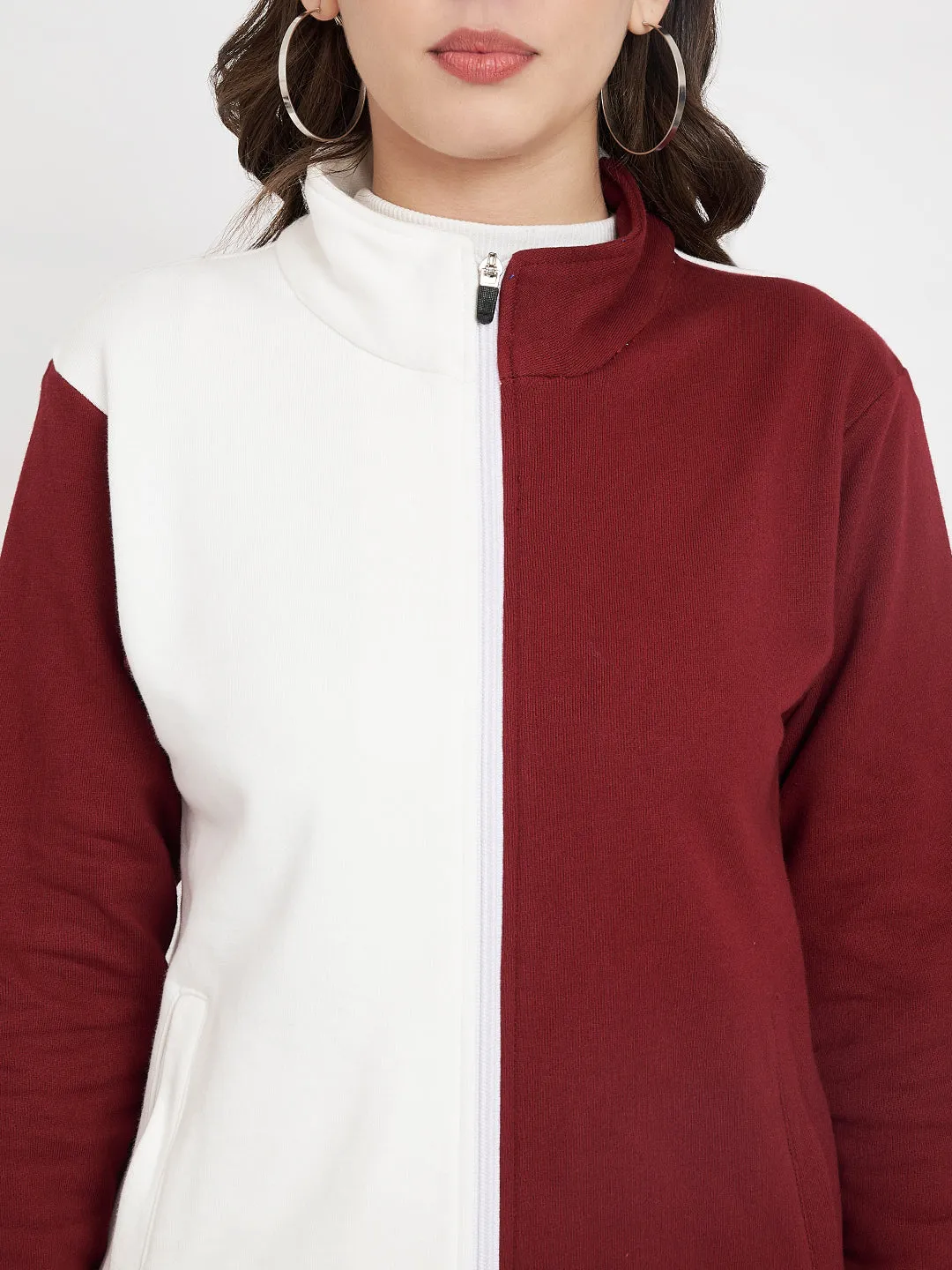 Women Colourblocked Mock Collar Maroon Bomber Jacket