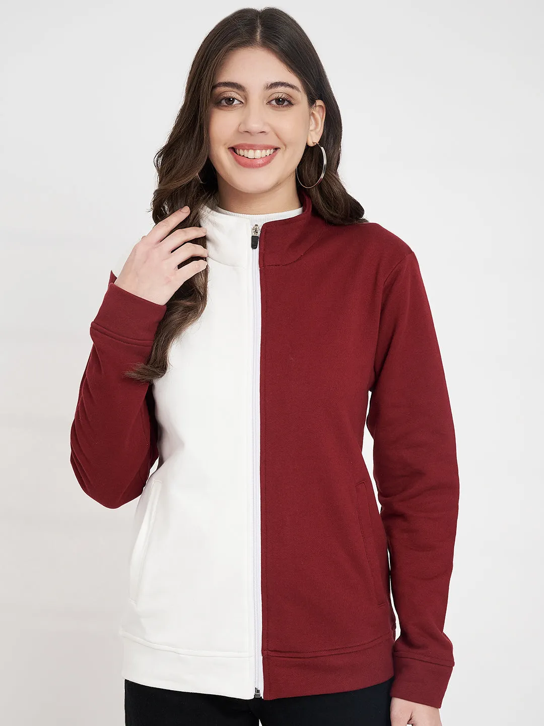 Women Colourblocked Mock Collar Maroon Bomber Jacket