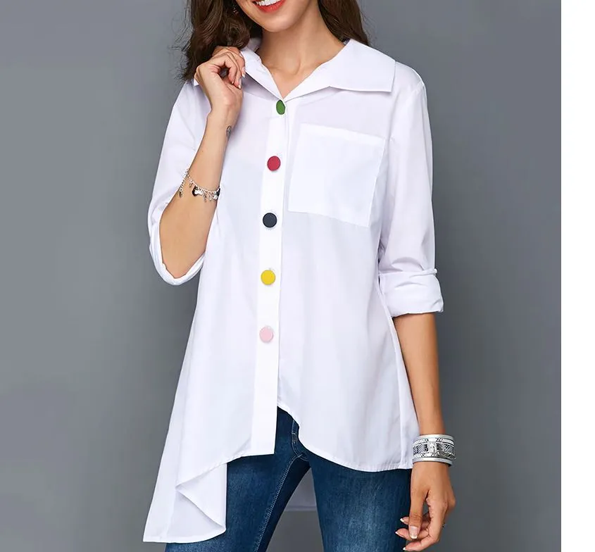 Women Colourful Buttons Collared Long Sleeve Shirt