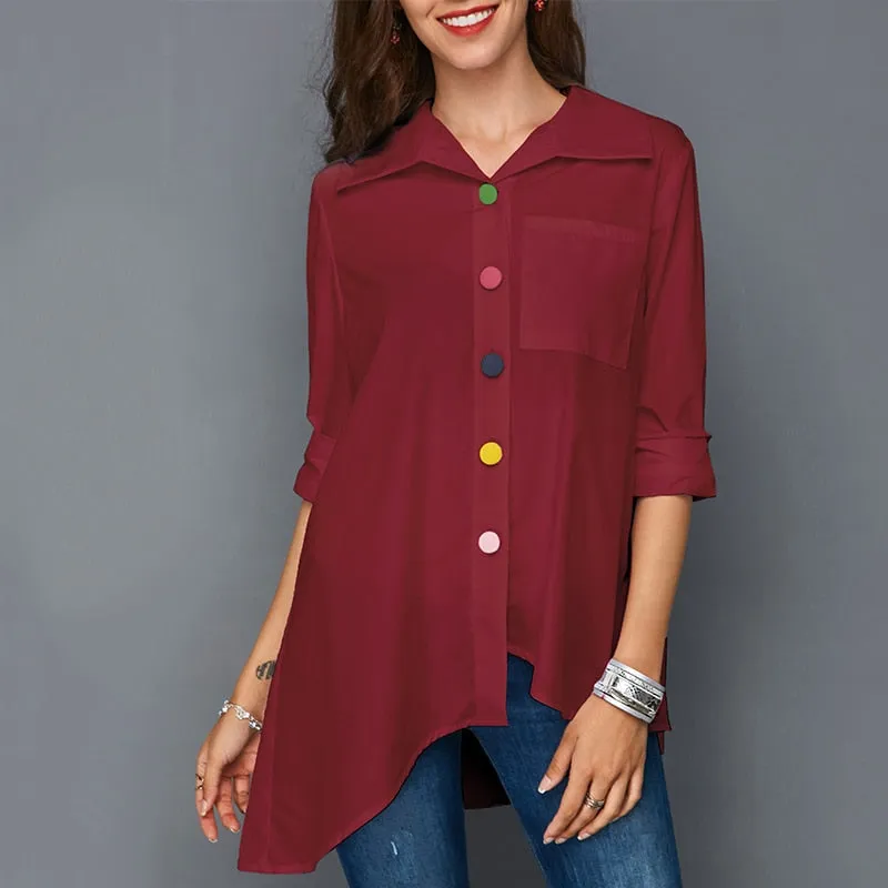 Women Colourful Buttons Collared Long Sleeve Shirt