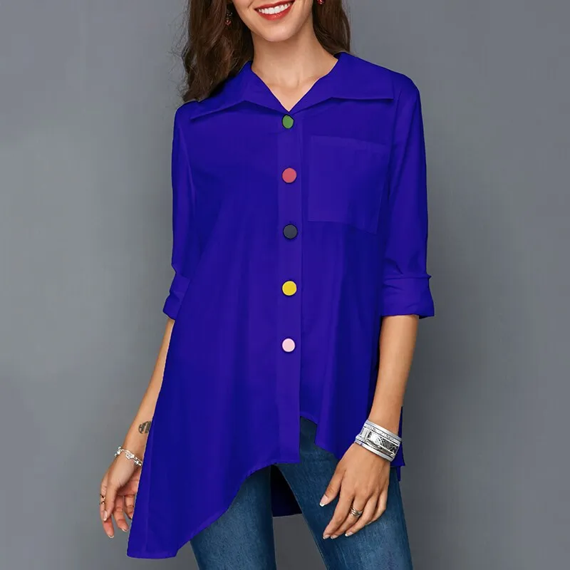 Women Colourful Buttons Collared Long Sleeve Shirt