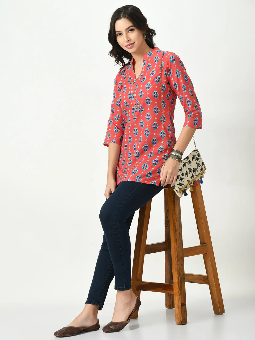 Women Coral Printed Short Kurti