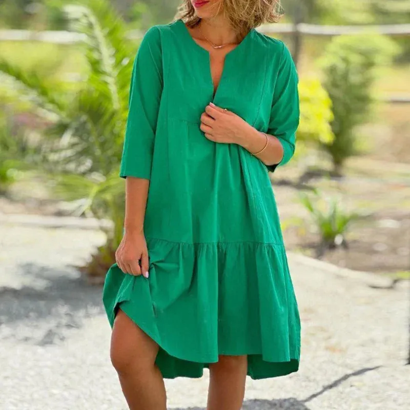 Women Cotton Linen Pleat Dresses Simple Elegant V-neck Loose Pullover Elegant Fashion Dress