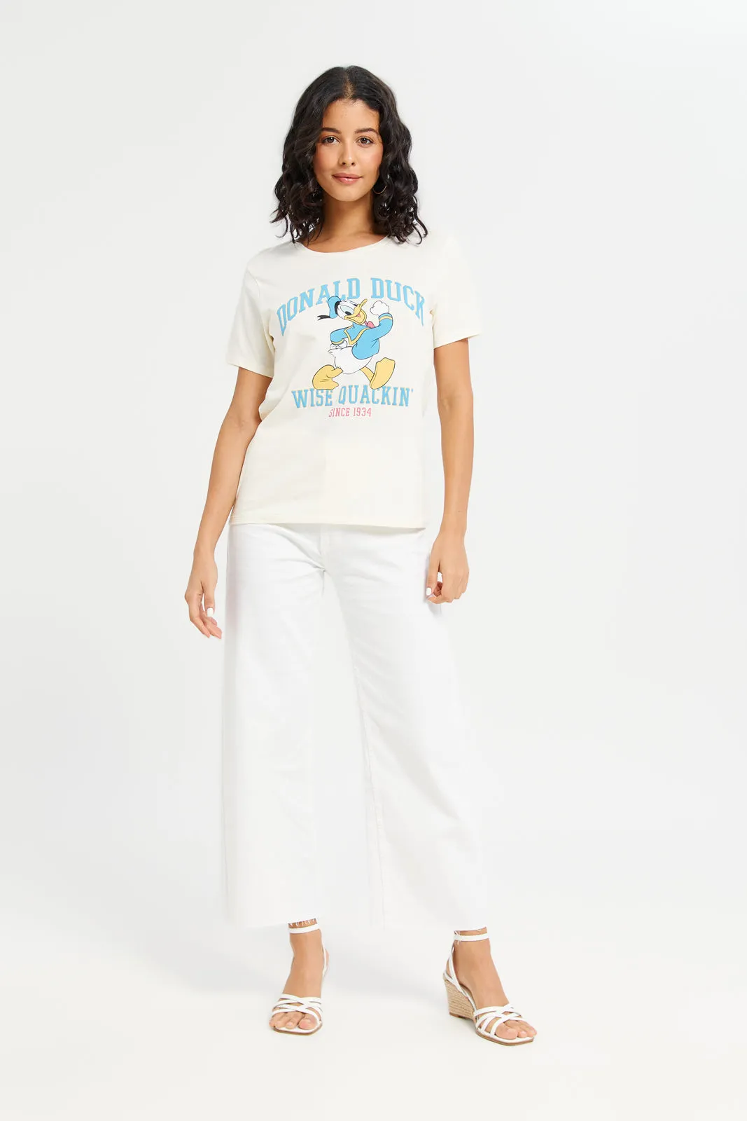 Women Cream Donal Duck Printed T-Shirt