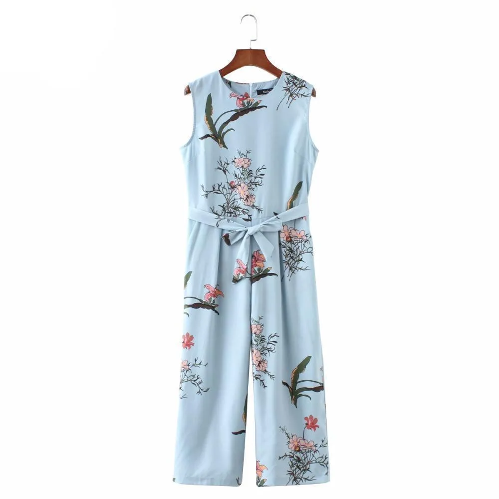 Women cute crane print jumpsuit sashes pockets sleeveless pleated rompers ladies vintage casual jumpsuits KZ1016 (US 4-14)