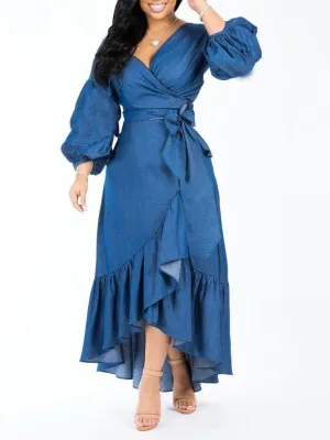 Women Denim V Neck Puff Long Sleeve Ruffle Trim Hem Dress